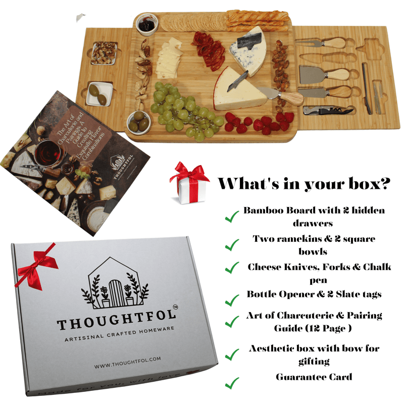 Thoughtfol Charcuterie Sets Thoughtfol Deluxe Bamboo Cheese Board Set | Charcuterie and Pairing Guide | Large Wooden Board | Unique Housewarming Gift | Perfect for Appetizers, Cheese Platters, Meat and Cheese Trays | Wood Serving Board | The Ultimate Gift for Food Enthusiasts!